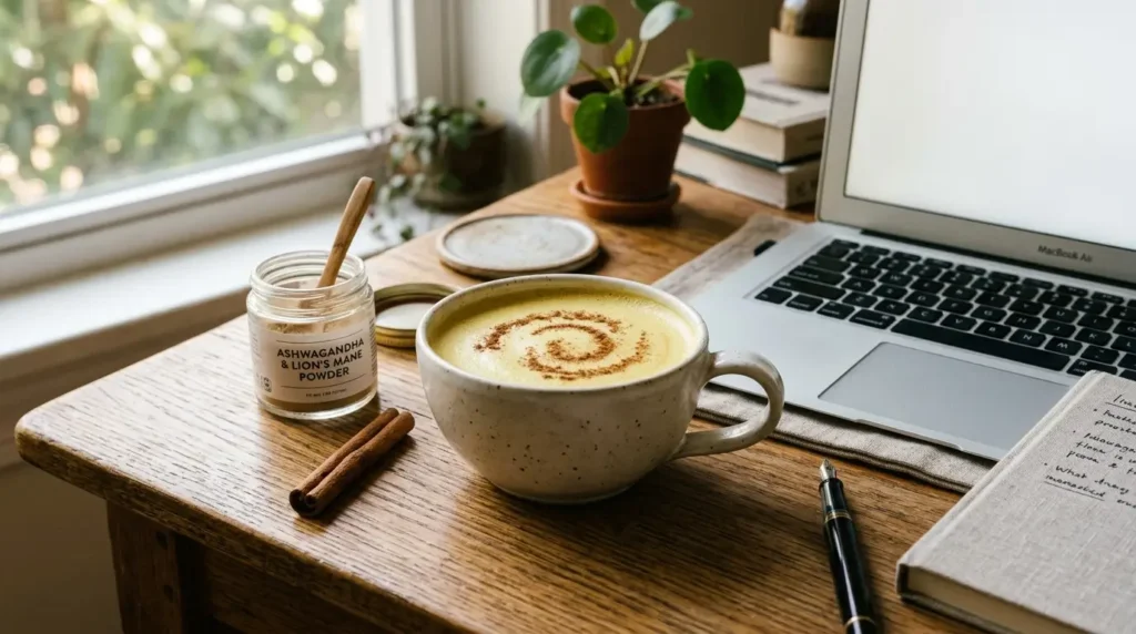 calm clarity afternoon nootropic drink with ashwagandha oat milk and lion's mane in a mug