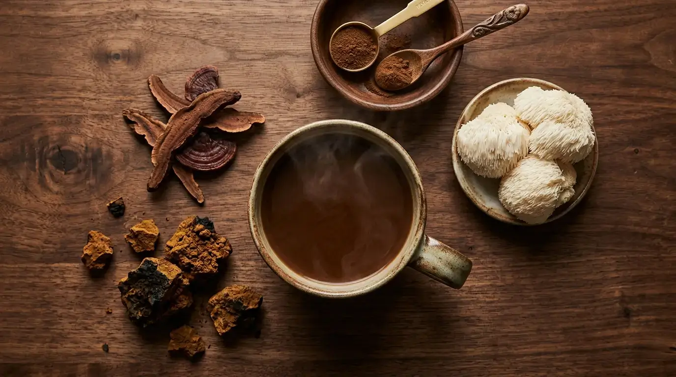 mushroom coffee in a ceramic cup with lion's mane and reishi mushrooms on a wooden surface