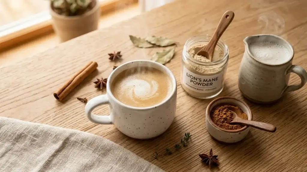mushroom coffee latte preparation with oat milk and mushroom powder in a mug