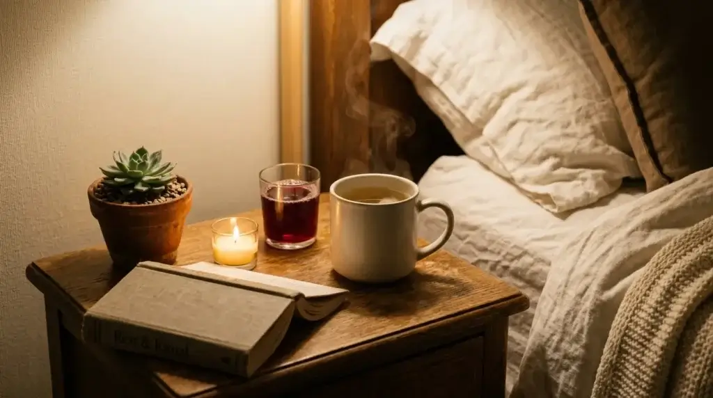 nightstand with chamomile tea and tart cherry juice as part of bedtime sleep ritual