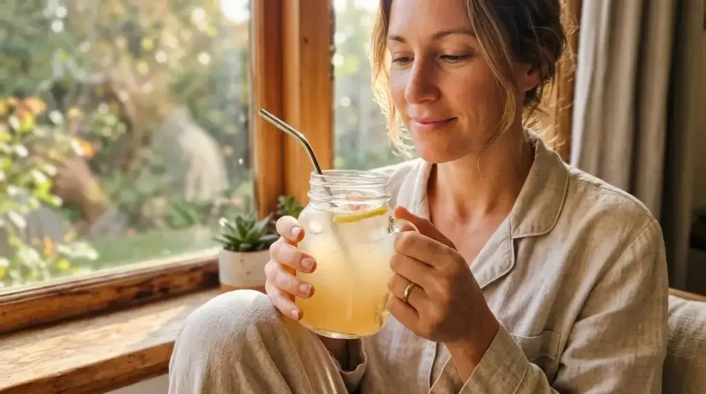 Drinking homemade electrolyte drink without sugar in the morning