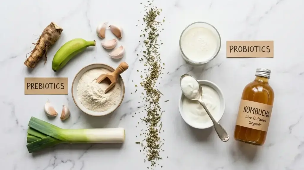 prebiotic fiber foods chicory root banana garlic next to probiotic yogurt and kefir