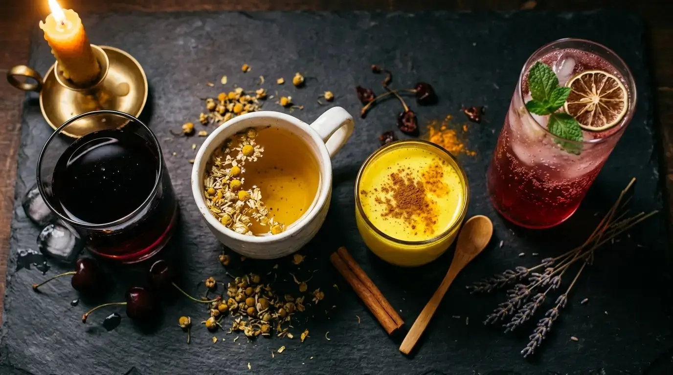 seven natural sleep drinks including tart cherry juice chamomile tea and golden milk on a nightstand
