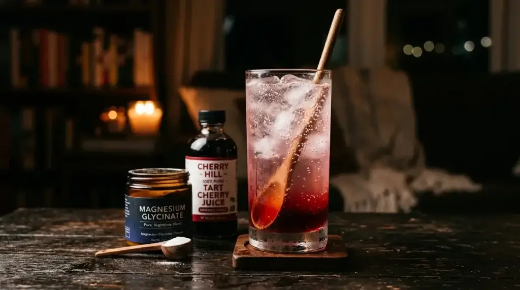sleepy girl mocktail with tart cherry juice magnesium powder and sparkling water in a glass