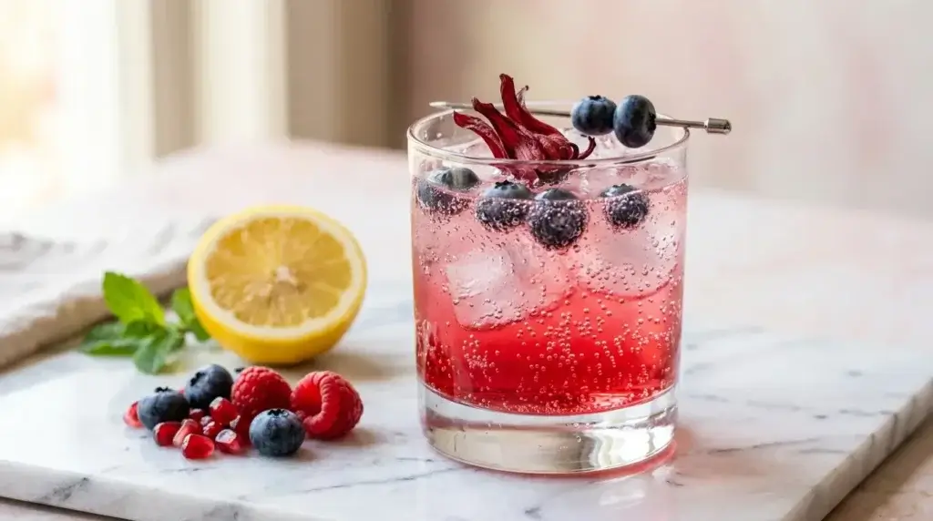 homemade prebiotic sparkling berry drink in a can-style glass with blueberries and hibiscus