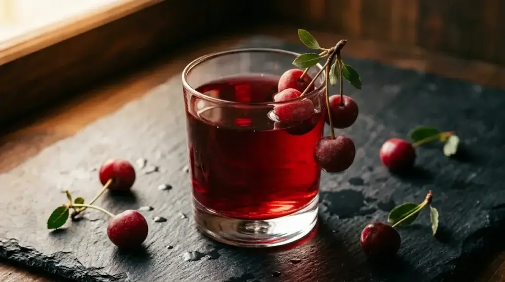 glass of pure tart cherry juice with fresh montmorency cherries for sleep support