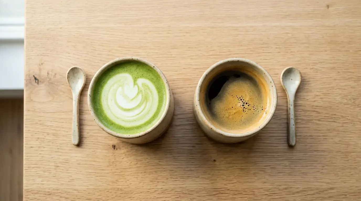 matcha latte vs coffee side by side comparison on a wooden table