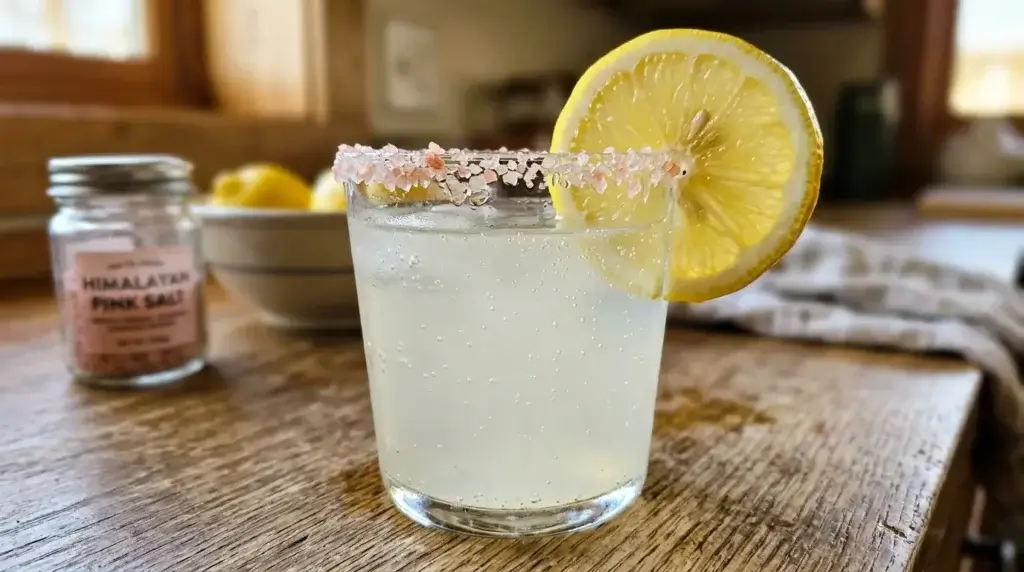 Homemade electrolyte drink without sugar in a glass with lemon and pink salt