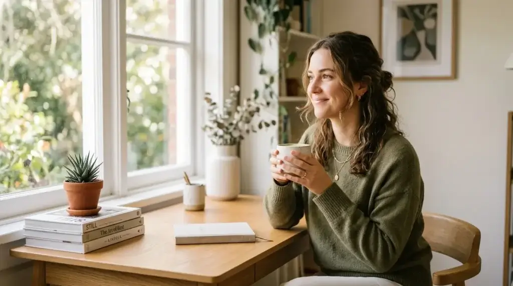 woman drinking matcha latte in the morning looking calm and focused