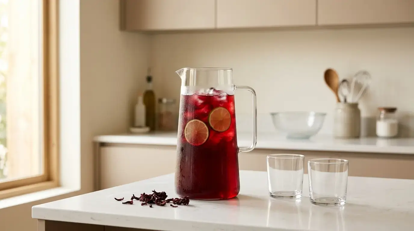 agua de jamaica in a glass pitcher with lime slices on a white kitchen counter