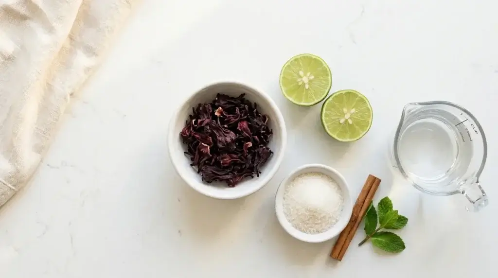 agua de jamaica ingredients flat lay — dried hibiscus flowers, lime, sugar, cinnamon on kitchen counter
