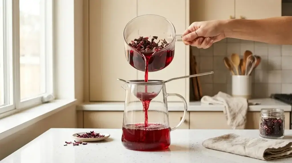 straining freshly brewed agua de jamaica through a fine mesh into a glass pitcher
