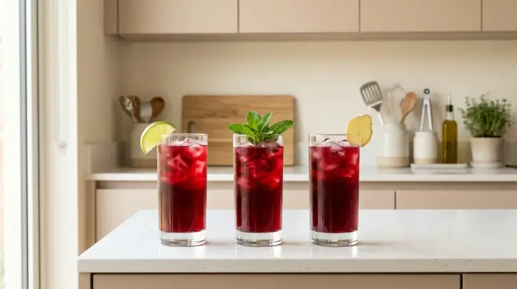 three glasses of agua de jamaica with different garnishes — lime, mint, and ginger