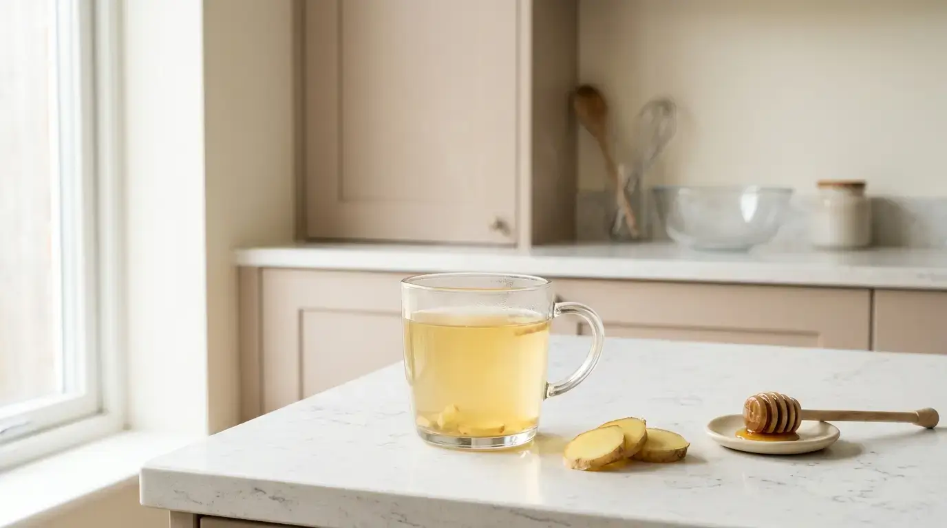 best time to drink ginger tea for acid reflux — clear glass mug of golden ginger tea with fresh ginger slices on white kitchen counter