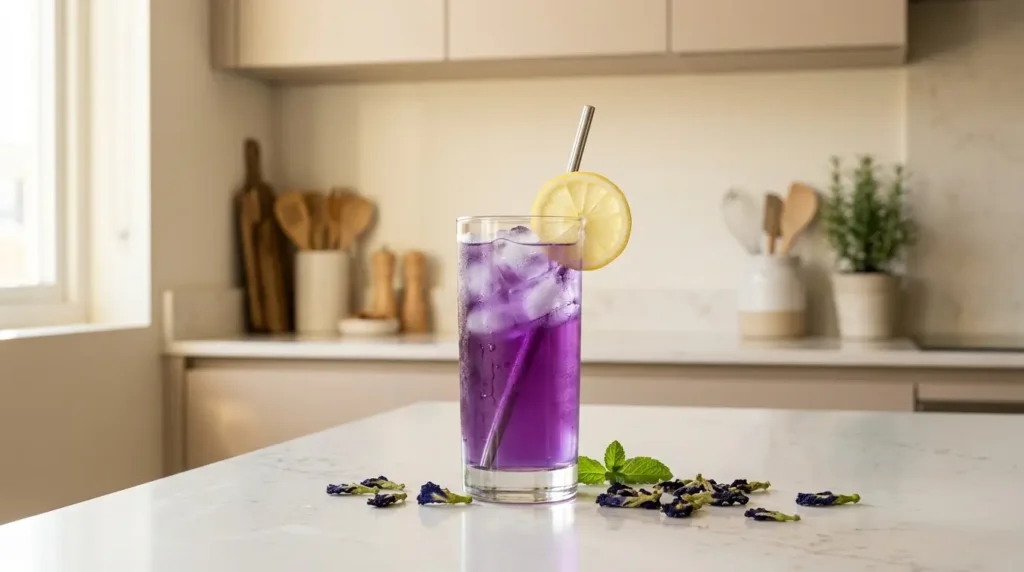 butterfly pea tea lemonade — tall glass of vivid purple butterfly pea lemonade over ice on white kitchen counter