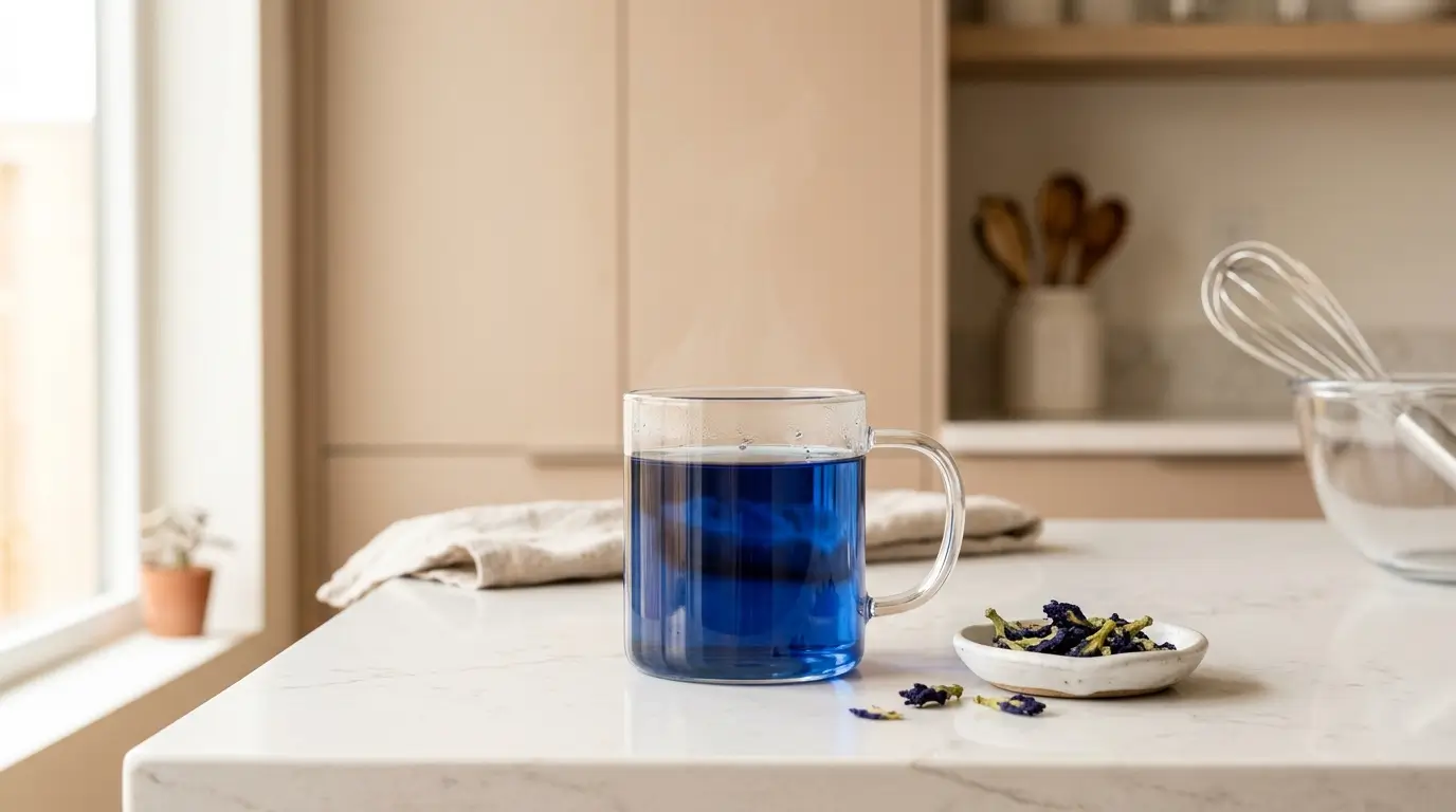 butterfly pea tea — clear glass mug of vivid blue butterfly pea tea with dried blue flowers on white kitchen counter