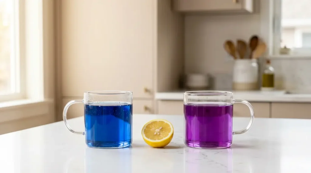 butterfly pea tea color change — blue tea in left mug transforms to purple after lemon juice in right mug on white kitchen counter
