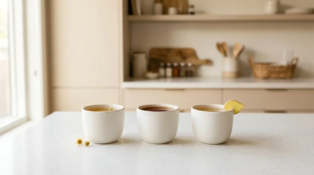 chamomile rooibos and ginger calming herbal teas — three cups in a row showing golden tones on white kitchen counter