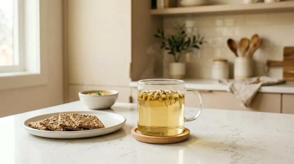 chamomile tea for digestion — glass mug of golden chamomile tea beside a light meal suggesting post-meal timing on white kitchen counter