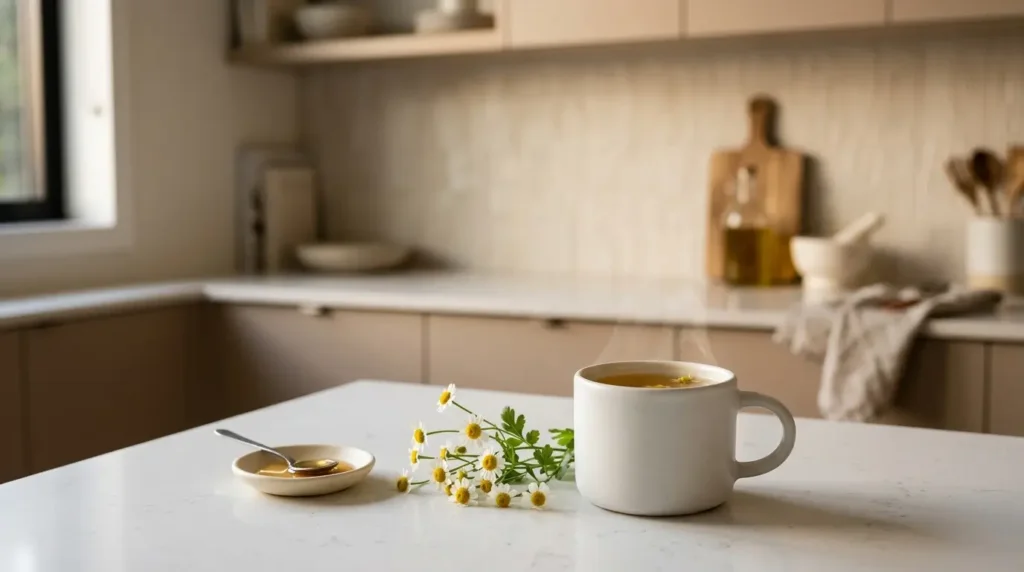 chamomile tea for sleep — small ceramic mug of golden chamomile tea with fresh chamomile flowers and honey as an evening ritual on white kitchen counter