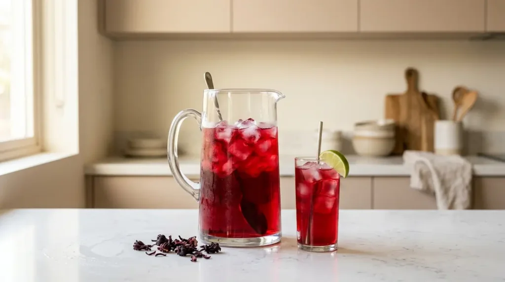cold brew hibiscus tea recipe — large glass pitcher of ruby red hibiscus cold brew with ice and a poured glass on white kitchen counter