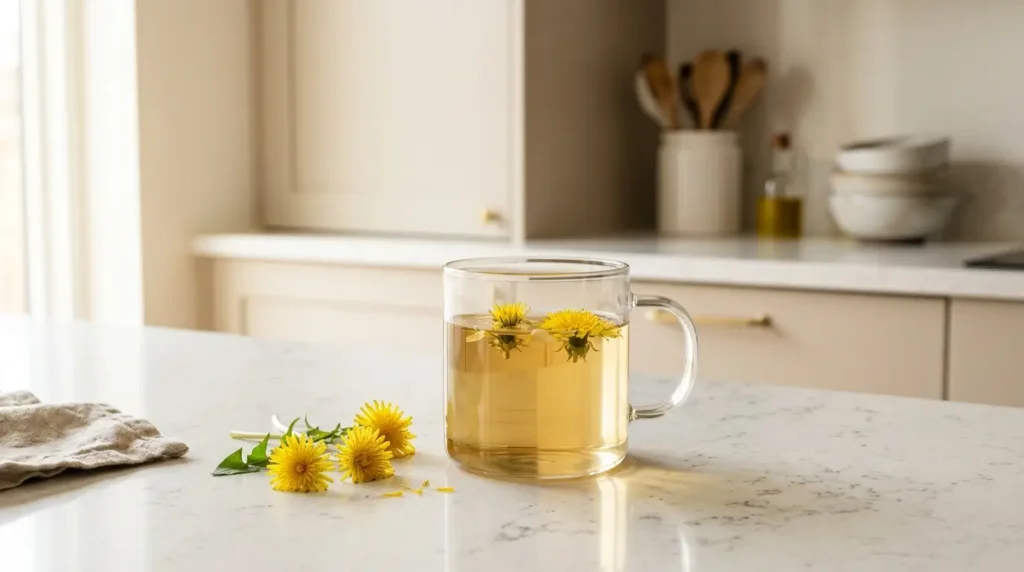 dandelion flower tea homemade — glass mug of pale golden dandelion flower tea with fresh yellow dandelion flowers on white kitchen counter