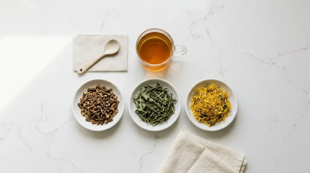 dandelion tea root leaf and flower comparison — three dishes showing dried dandelion root leaves and flowers with brewed tea on white kitchen counter