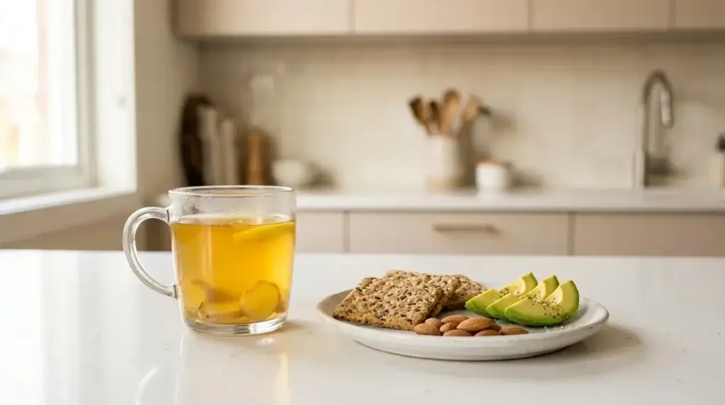 ginger tea served beside a light meal on a kitchen counter — timing ginger tea before eating for acid reflux
