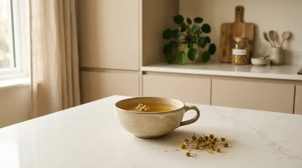 Chamomile herbal tea in a ceramic cup as a gentle alternative to hibiscus tea for acid reflux
