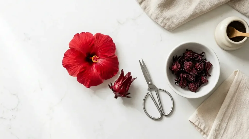 hibiscus calyx separated from petals for drying — the calyx is what you use to make hibiscus tea