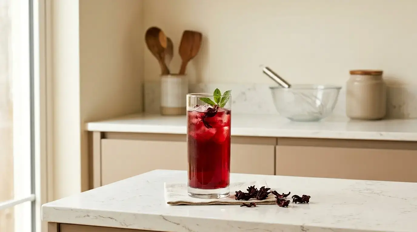 Cold brew hibiscus tea in a clear glass on a white quartz kitchen counter