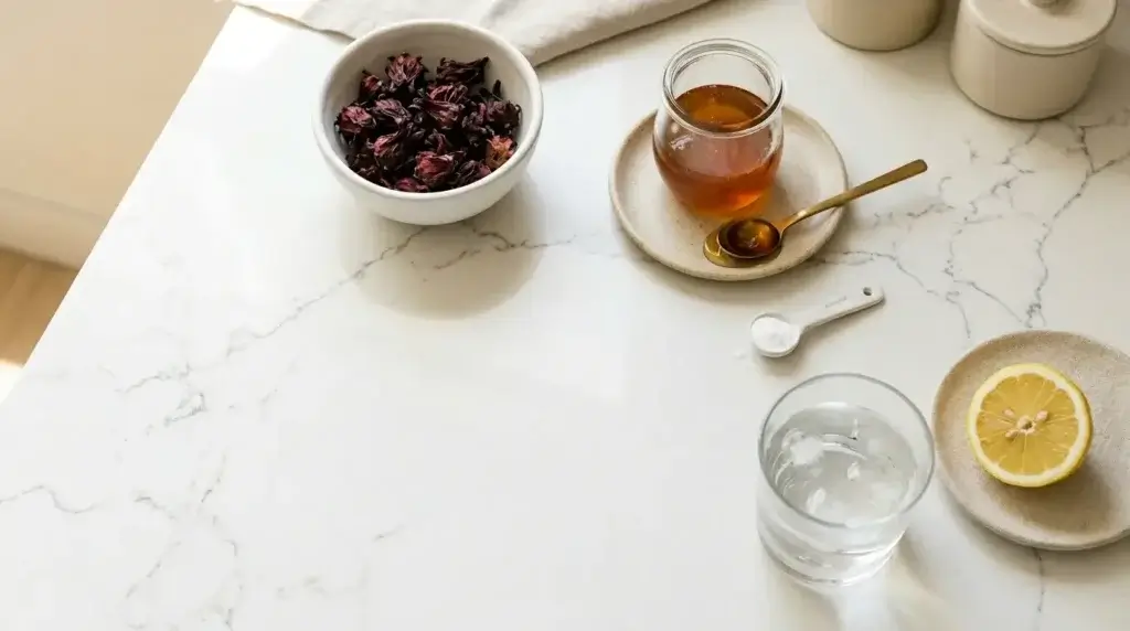 Dried hibiscus flowers, honey and ingredients to make hibiscus tea safer for acid reflux on a kitchen counter