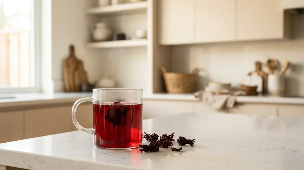 hibiscus tea safe to return to after pregnancy and breastfeeding — glass mug of red hibiscus tea on white kitchen counter