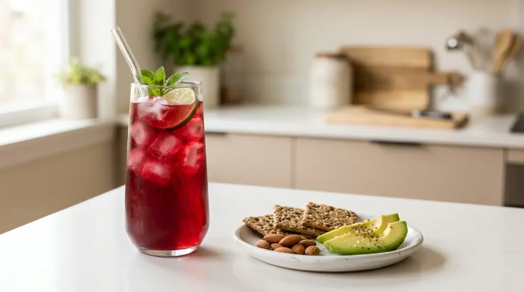 hibiscus tea for weight loss before meal — cold hibiscus tea beside a light healthy meal on white kitchen counter