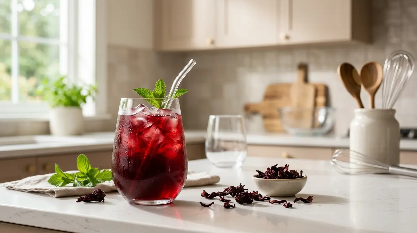 hibiscus tea benefits for men — large glass of iced red hibiscus tea with mint on white kitchen counter