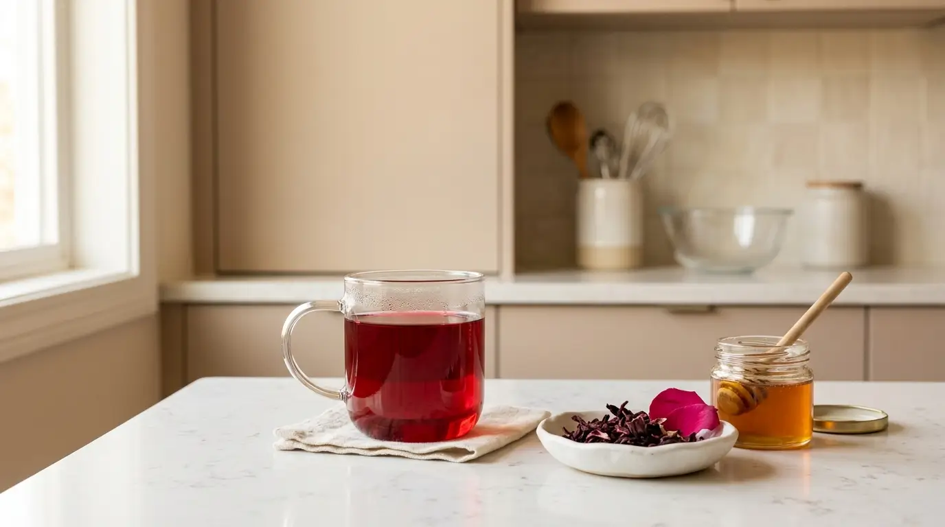 hibiscus tea benefits for women — elegant glass mug of red hibiscus tea with rose petal and honey on white kitchen counter
