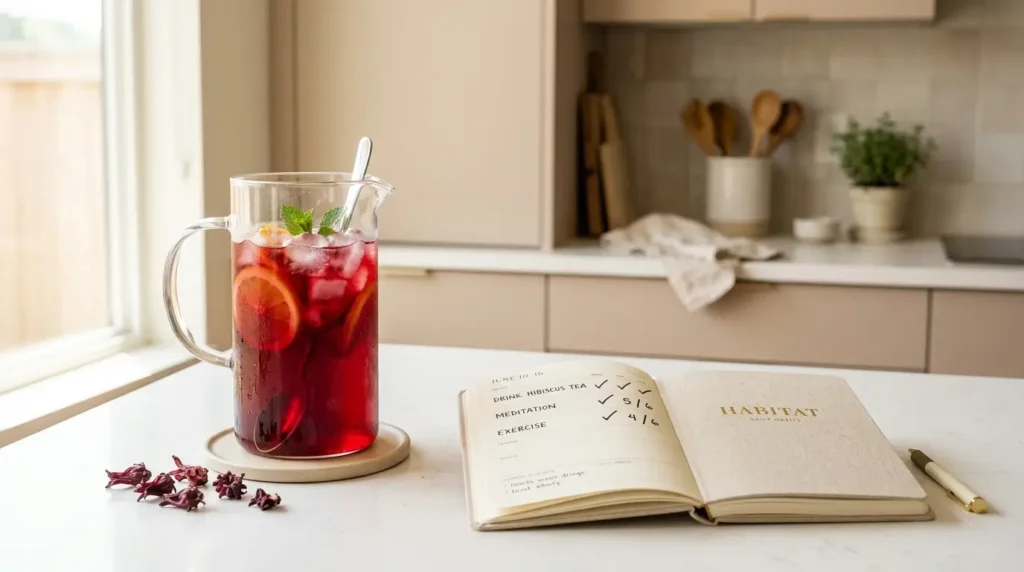 hibiscus tea blood pressure results require daily consistency — pitcher of cold brew hibiscus tea beside a weekly planner on white kitchen counter