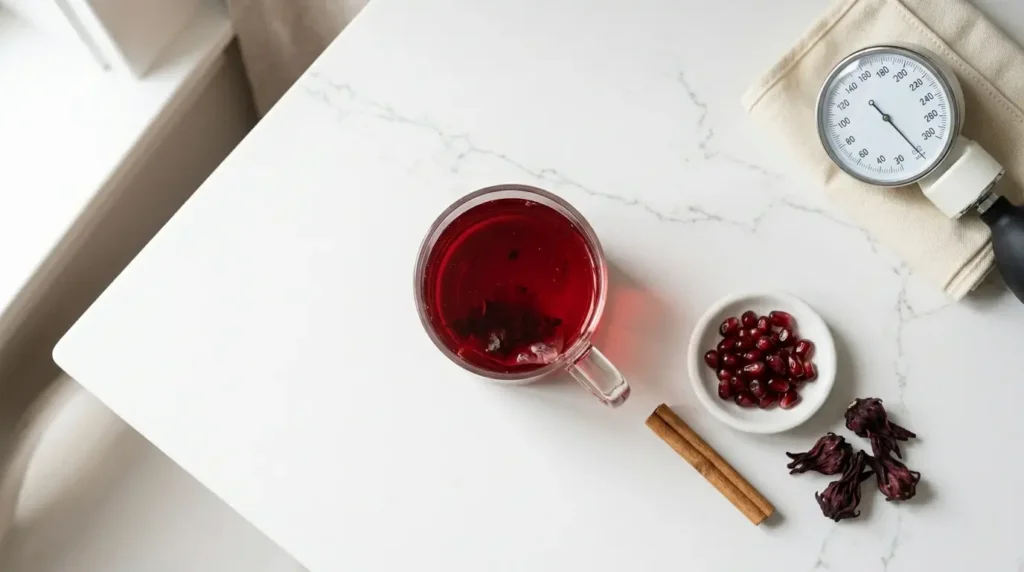 hibiscus tea for men's blood pressure and heart health — flat lay with pomegranate and cinnamon on kitchen counter