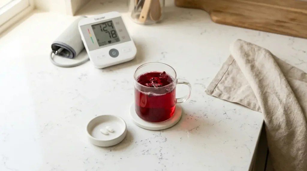 hibiscus tea beside blood pressure medication tablets — drug interaction warning