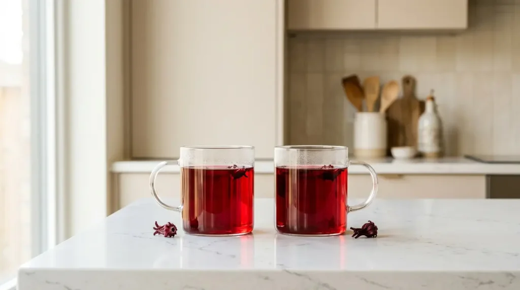 hibiscus tea blood pressure dosage — two cups of red hibiscus tea representing the clinical two-cups-per-day protocol on white kitchen counter