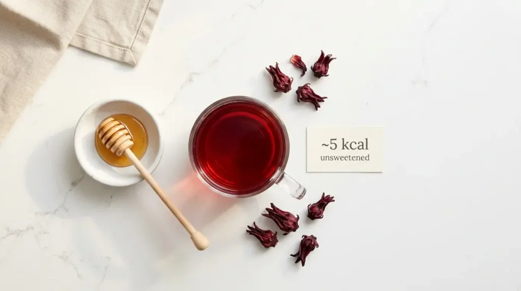 hibiscus tea calories unsweetened — flat lay of hibiscus tea with honey showing near-zero calorie content on white kitchen counter
