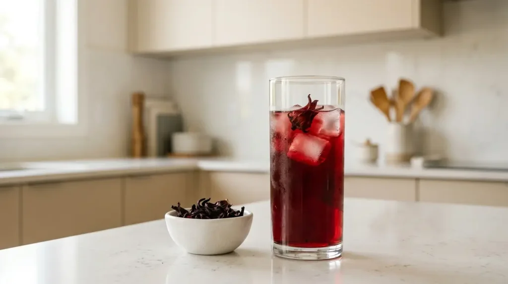 homemade hibiscus tea cold brew in a glass — a daily ritual you can make yourself for a fraction of the cost of branded tea bags