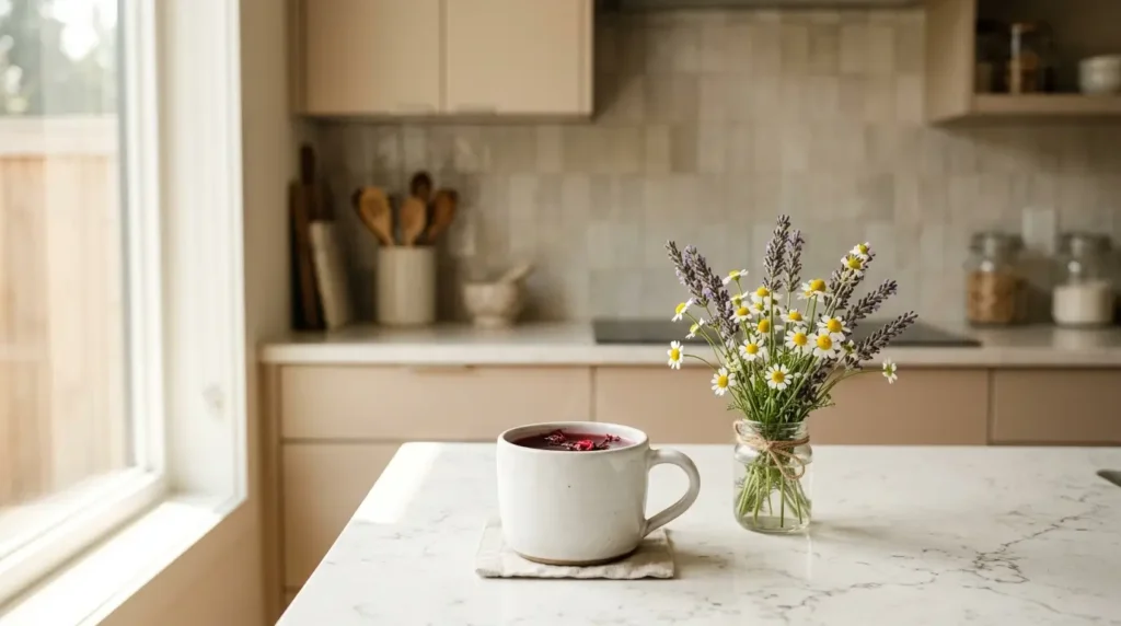 hibiscus tea for hormonal balance in women — ceramic mug of red hibiscus tea with lavender and chamomile flowers