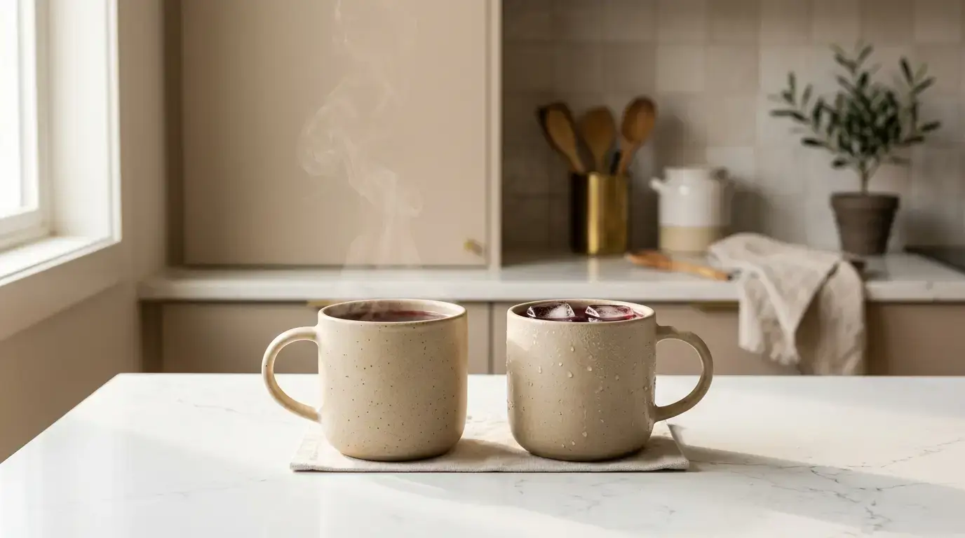Hot hibiscus tea versus cold hibiscus tea side by side on kitchen counter