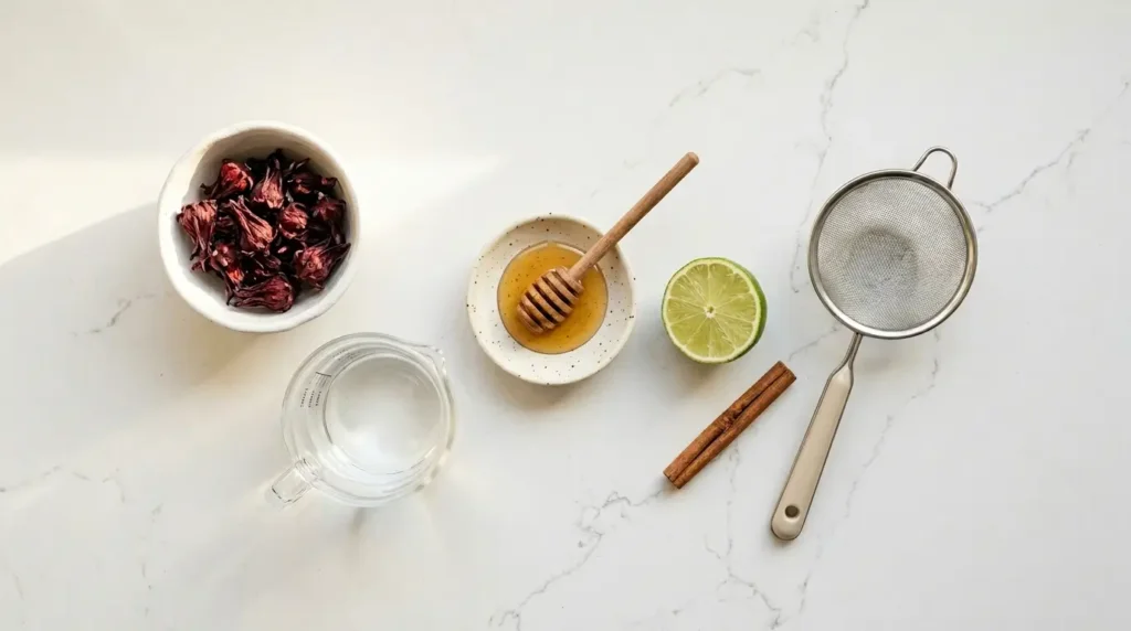 hibiscus tea ingredients — dried hibiscus calyces honey lime cinnamon and strainer flat lay on white kitchen counter