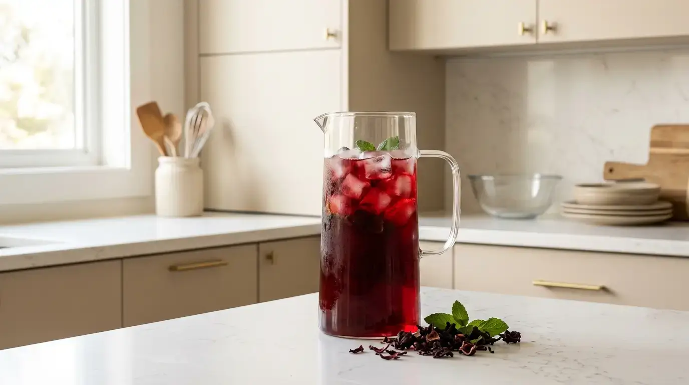hibiscus tea kidneys safety — glass pitcher of red hibiscus tea on white kitchen counter