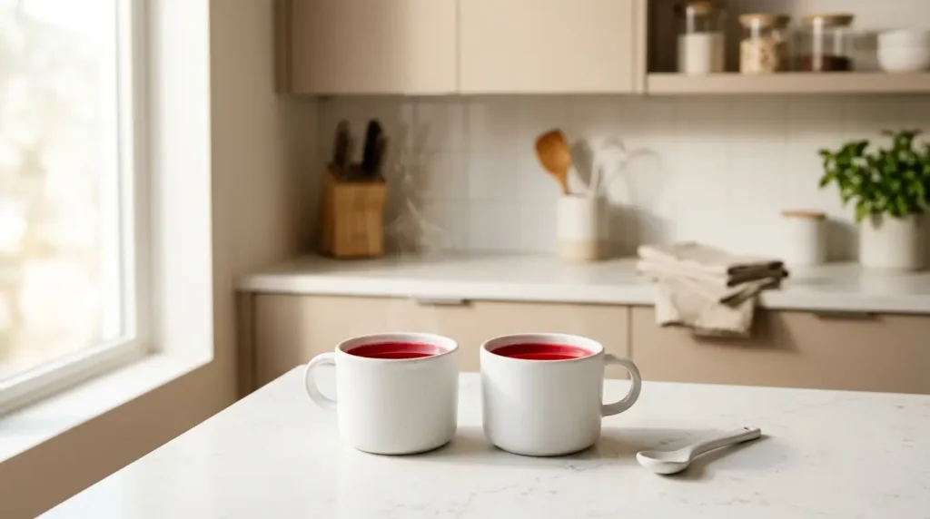 two small mugs of hibiscus tea representing the safe daily dose to avoid side effects
