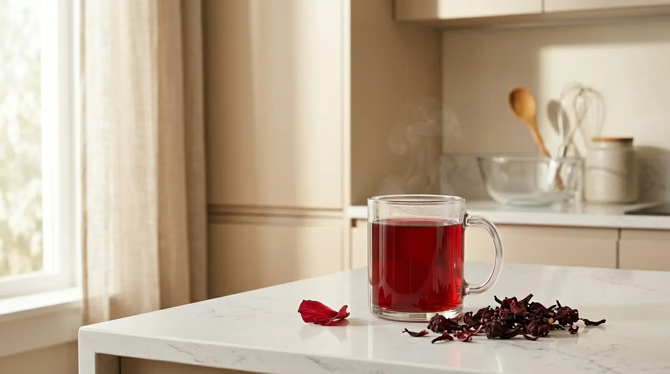 hibiscus tea side effects — glass mug of deep red hibiscus tea with dried hibiscus calyces on white kitchen counter