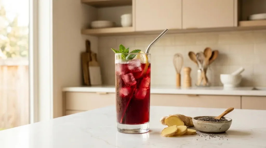 hibiscus tea with ginger and chia seeds for men's energy and testosterone support