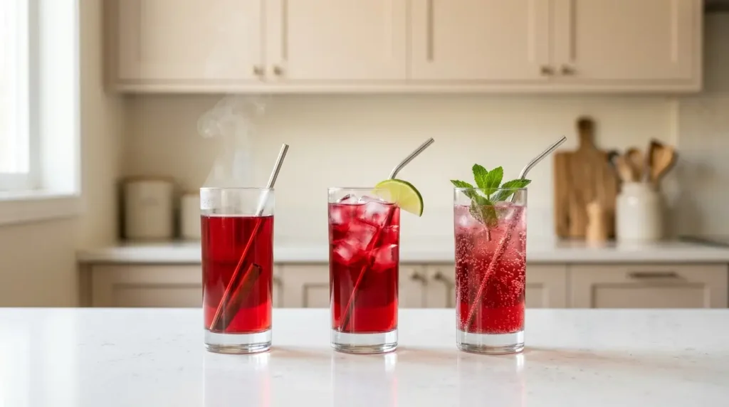 hibiscus tea variations — three glasses showing hot hibiscus with cinnamon iced hibiscus with lime and sparkling hibiscus with mint on white kitchen counter